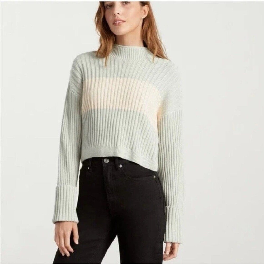 EVERLANE Sweater LARGE Ribbed Rollneck Women Crop Green Cream Cuffed ORGANIC